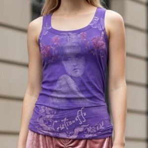 Y2K Bling Jersey Knit Cristinaeffe Italy Artsy Angel Devil Print Tunic Purple M
